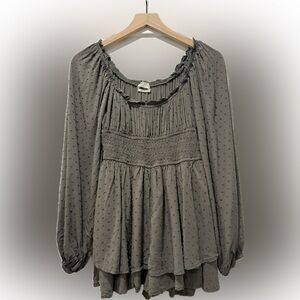 Urban Outfitters Olive Boho Smocked Swiss Dot Top Small